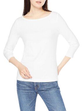 Women's White Slim-fit 3/4 Sleeve Boat Neck Cotton Modal Micro Rib T-shirt